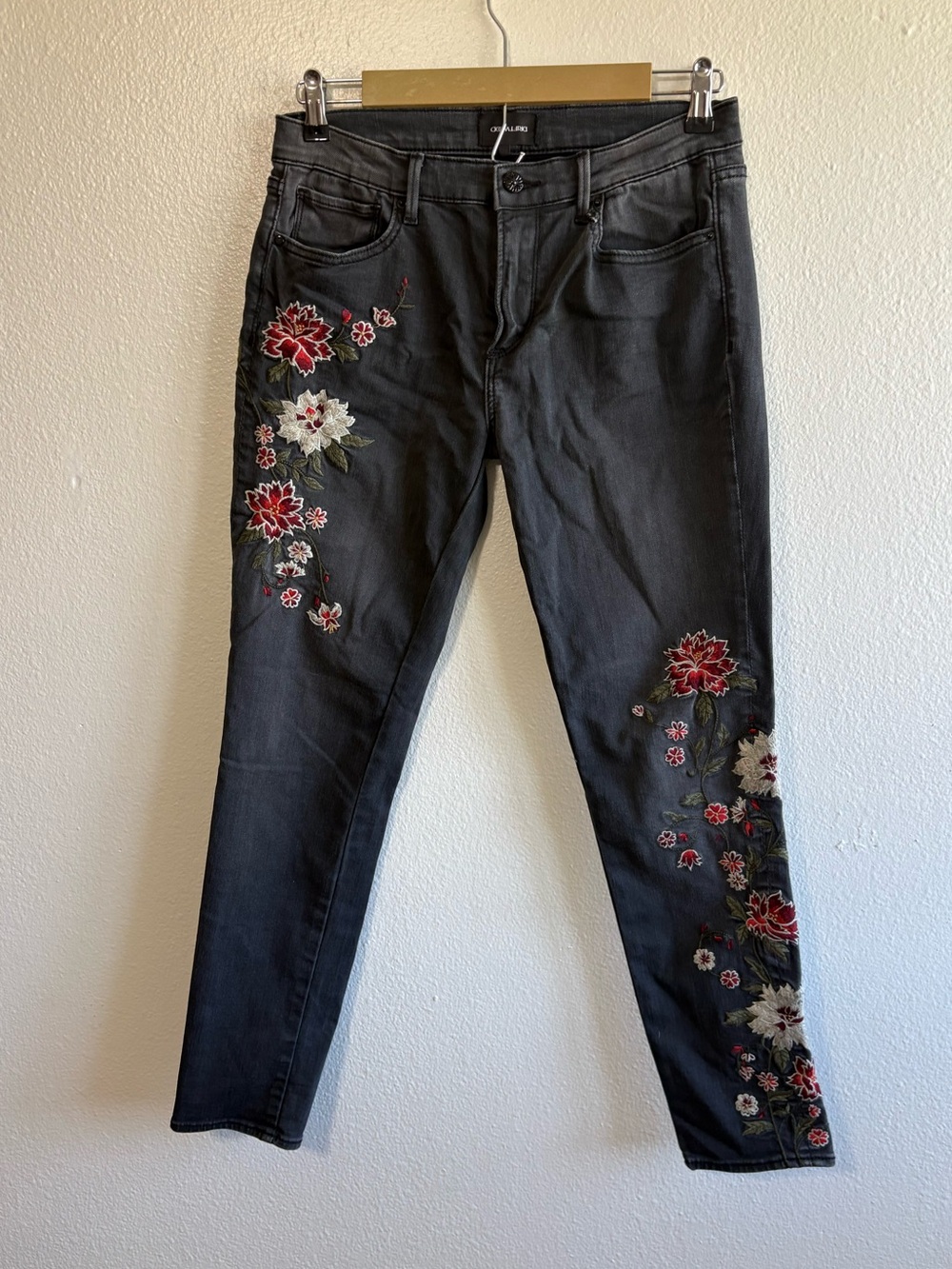 DRIFTWOOD Black Skinny Jeans with Red & White Floral Embroidery